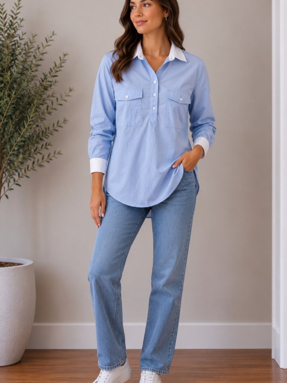 Zara Pale Blue Button-Front Shirt with White Collar & Cuffs